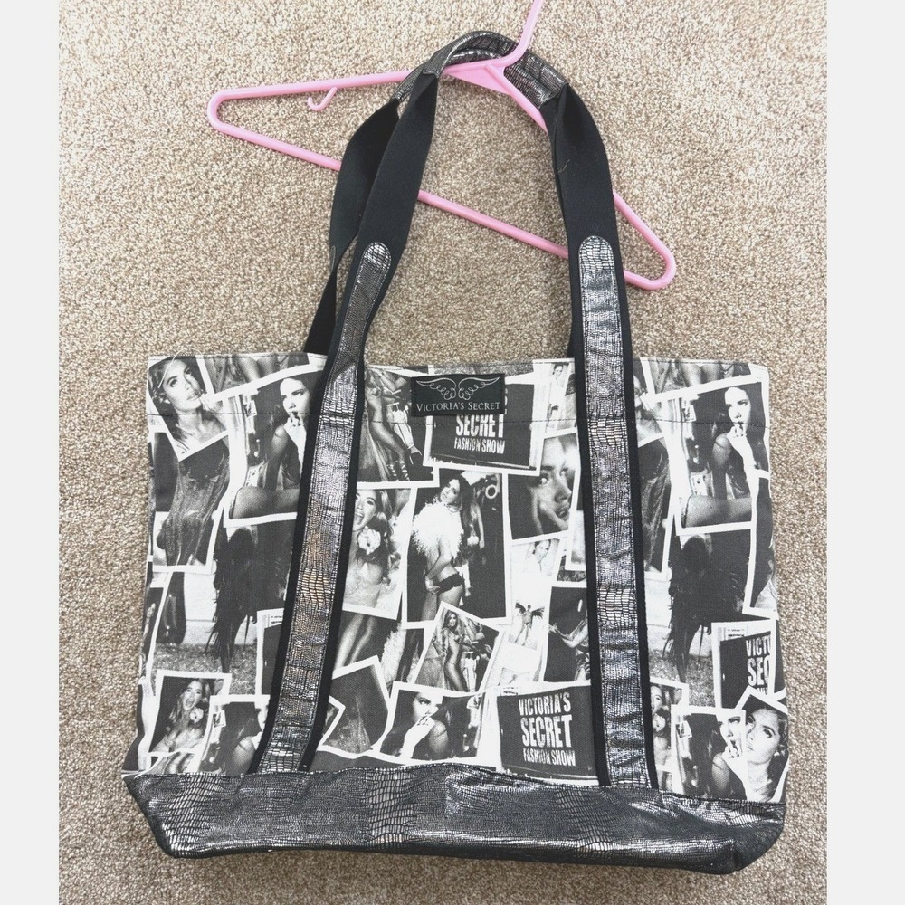 Victoria's Secret Fashion Show Photo Collage Tote Bag Silver Metallic Trim Large